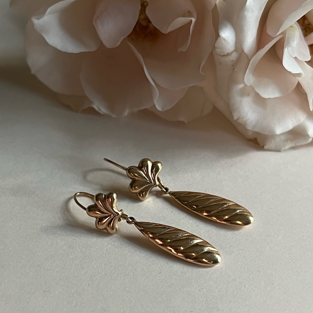 14K Gold Teardrop Earrings, Vintage Antique Dangle Earrings, Solid Gold